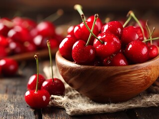 Ripe cherries in a wooden bowl on a rustic table