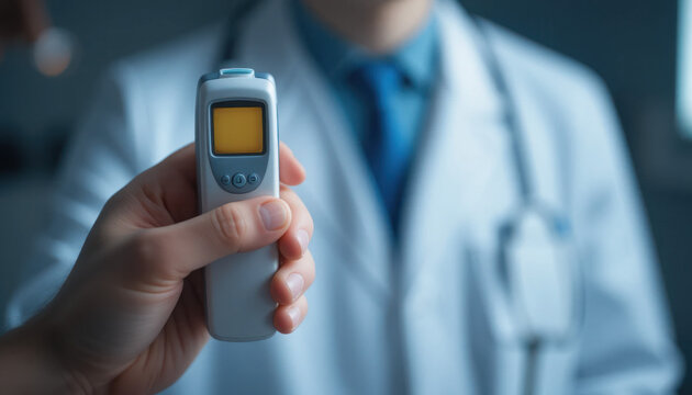 Doctor Holding Infrared Thermometer for Health Care and Temperature Measurement in Medical Office Setting