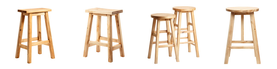 Wooden Bar Stools Collection: Rustic Furniture Isolated on White