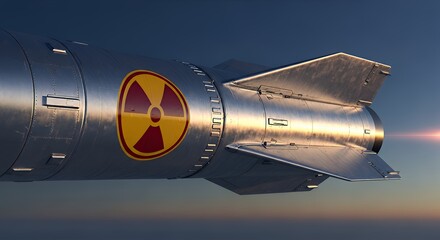 Obraz premium Flying Missile with Warning Symbol Against Dark Sky