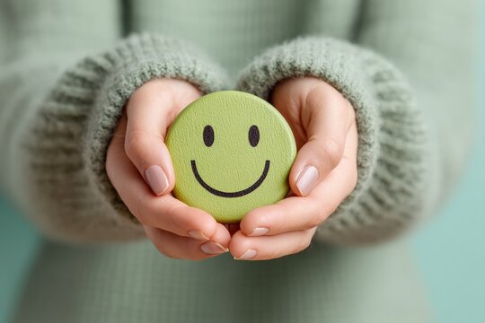 Hands holding a wooden circle with a smiley face drawn on it, representing customer satisfaction, good feedback and mental wellbeing