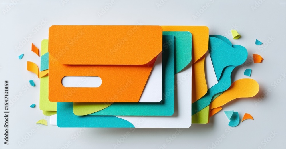 Poster Colorful paper layers create abstract design. Shapes overlap, forming dynamic composition. Bright hues contrast against neutral background.