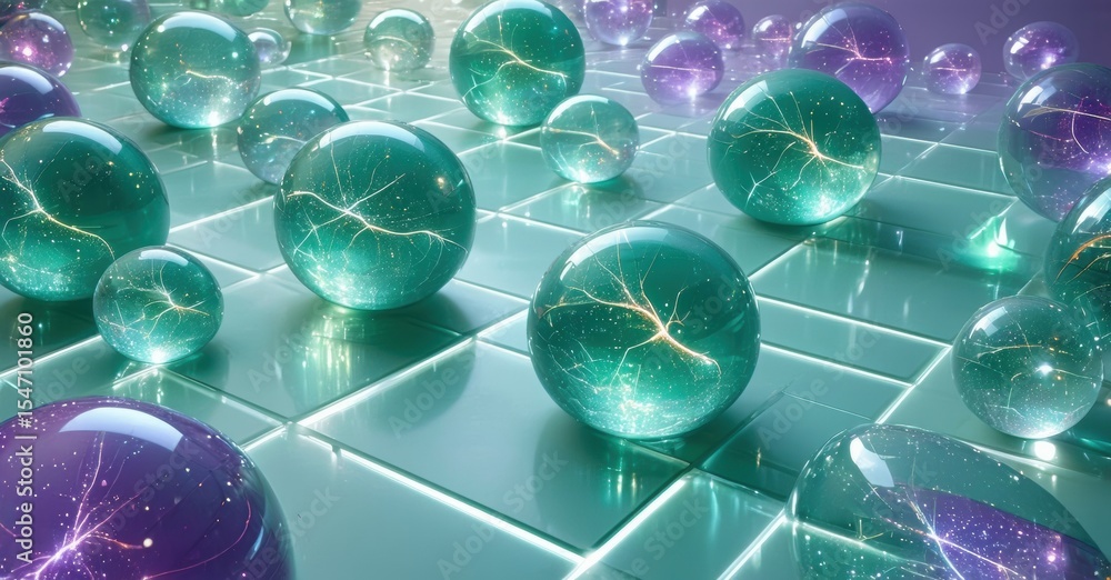 Poster glowing spheres rest upon reflective tiles. colors blend, creating vibrant, futuristic scene. light 