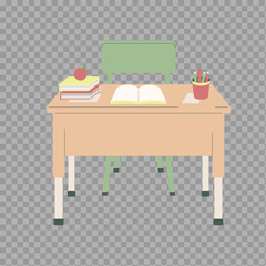 Cartoon School Desk with Chair, Books, and Stationery – Education PNG Clipart

