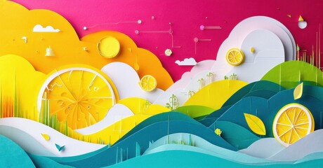 Papercraft landscape features citrus fruits, clouds, hills. Bright colors create whimsical, layered scene. Joyful, vibrant composition.