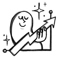 Character png holding upward arrow, business doodle, transparent background