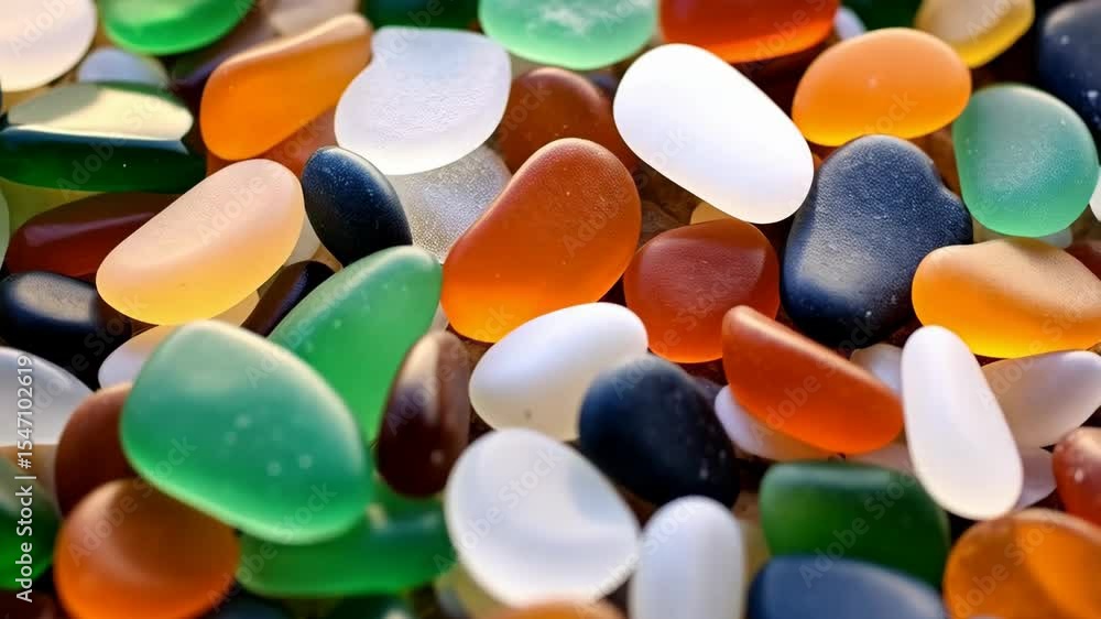 Poster Macro close-up of colorful smooth sea glass pieces collection on a surface, showing multiple hues and textures.