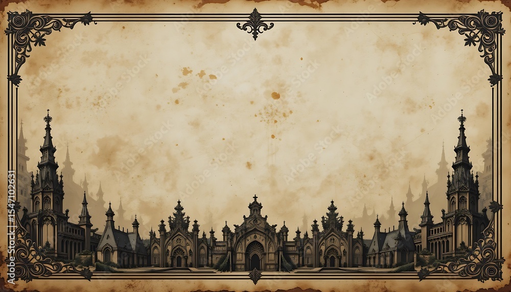 Poster victorian era architecture and scrollwork frame on aged paper texture