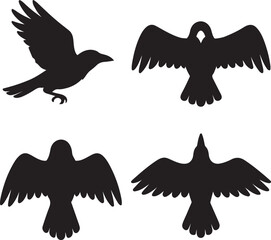 flying raven bird silhouette icons set side, front, back, and top views vector art illustration