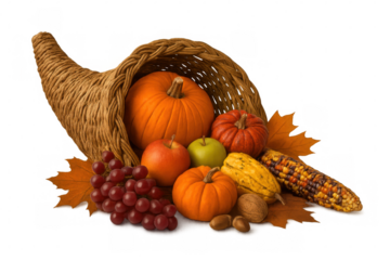 Pumpkins, apples, grapes, corn and nuts spilling out of a wicker cornucopia on a transparent background, celebrating thanksgiving