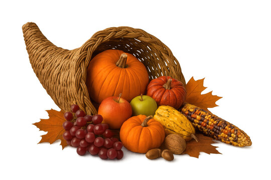 Pumpkins, apples, grapes, corn and nuts spilling out of a wicker cornucopia on a transparent background, celebrating thanksgiving