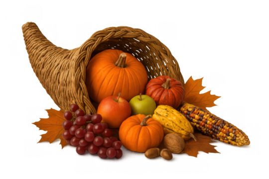 Pumpkins, apples, grapes, corn and nuts spilling out of a wicker cornucopia on a transparent background, celebrating thanksgiving