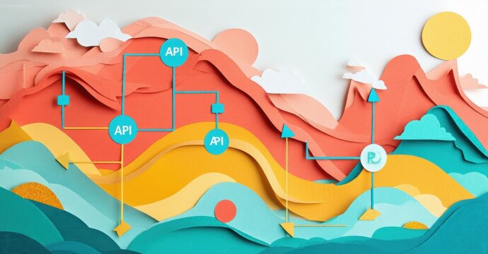 Papercraft landscape depicts connections. Orange, red, turquoise layers create depth. Sun shines above abstract mountains, API labels highlight data flow.