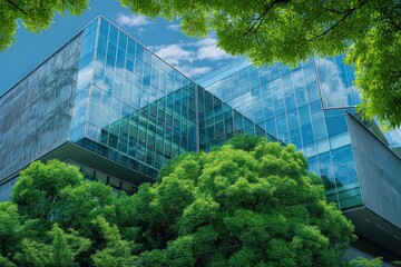 Lush green trees frame a modern glass building against a blue sky, representing sustainable architecture and eco conscious design