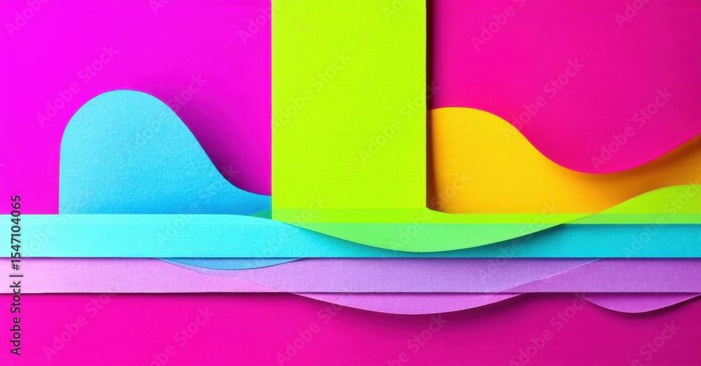 Poster bright paper layers create abstract shapes. vivid colors contrast, forming playful composition. mini