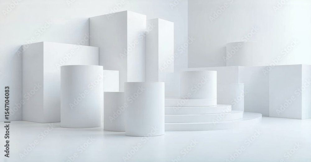 Poster Minimalist scene. White geometric shapes create abstract display platforms. Clean lines, modern design, bright studio setting.