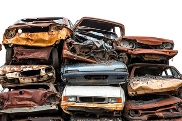 Old Rusty Junk Cars Stacked in Scrap Yard isolated on transparent white background, clipping path