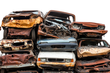 Old Rusty Junk Cars Stacked in Scrap Yard isolated on transparent white background, clipping path