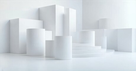 Minimalist scene. White geometric shapes create abstract display platforms. Clean lines, modern design, bright studio setting.