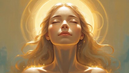 a woman surrounded by warm glowing light, closed eyes, peaceful face, concept of inner peace and healing