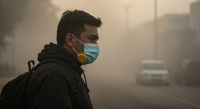 Man wearing face mask in heavy air pollution smog on city street for environment - Powered by Adobe
