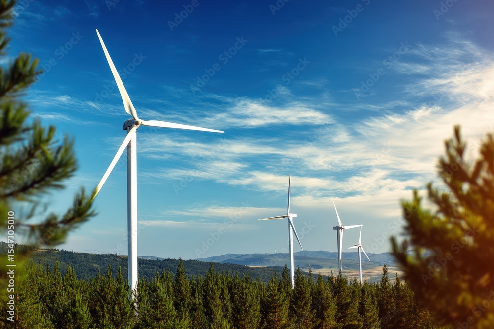 Aufkleber wind turbines are generating clean energy behind a pine trees forest, representing sustainable devel