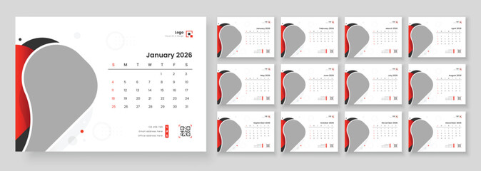 Minimalist desk calendar 2026 template. Monthly calendar layout for 2026 year. Calendar template for 2026 with week start on Sunday.