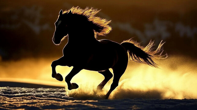 Galloping horse kicking up dust, running freely and bravely forward