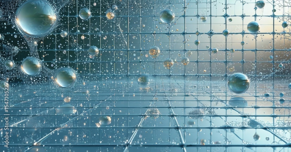 Poster abstract space filled with reflective bubbles, grid pattern. cool blue tones create futuristic atmos