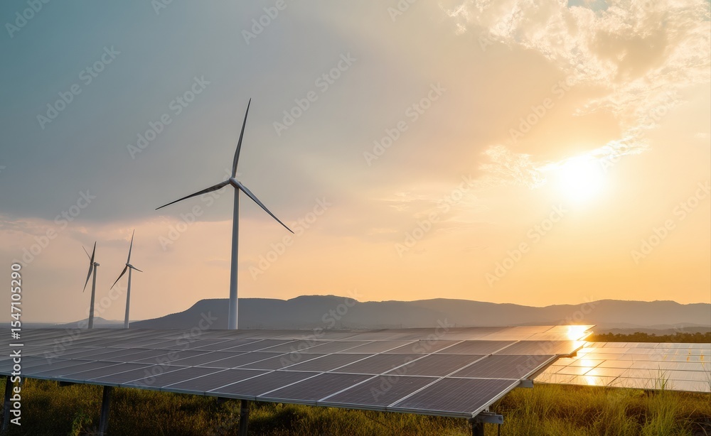 Aufkleber solar panels and wind turbines stand in a field, generating clean energy as the sun sets, creating a
