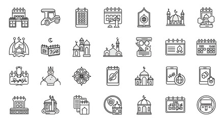 Vector Icons Set of Collection of Black and White Islamic Icon Set with Mosque and Calendar Elements. Vector Illustrations. EPS Editable