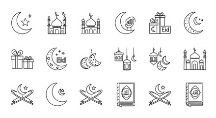 Vector Icons Set of Collection of Black and White Eid alAdha Line Art Icons and Symbols. Vector Illustrations. EPS Editable