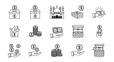 Vector Icons Set of Collection of Black Line Art Icons Depicting Financial Giving Donation and Money. Vector Illustrations. EPS Editable