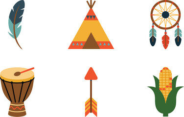 Six Colorful Indigenous Elements Flat Icon Set Teepee Dreamcatcher Feather Arrow Drum Corn vector