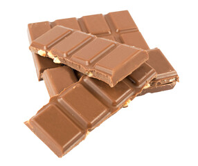 Stack of broken milk chocolate bars with hazelnuts isolated on transparent background