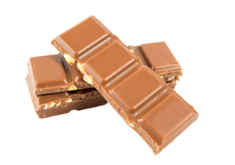 Milk chocolate bars with hazelnuts isolated on transparent background