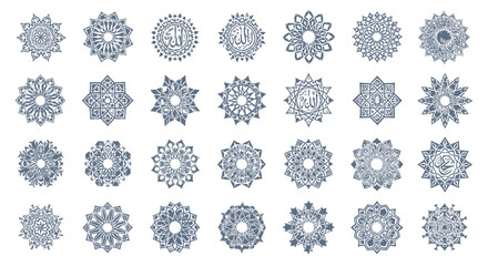 Vector Icons Set of Collection of Islamic Geometric Patterns and Floral Ornaments in BlueGray. Vector Illustrations. EPS Editable
