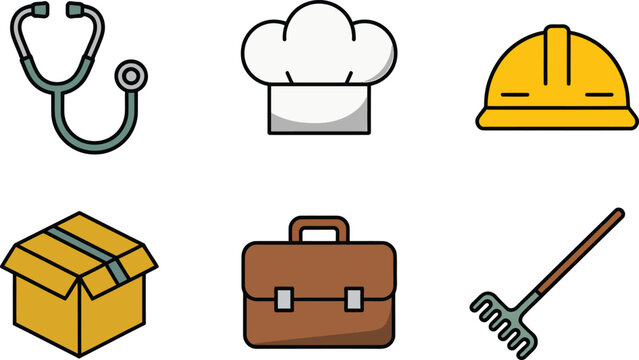 Six Flat Style Work Icons Set Stethoscope Chefs Hat Hard Hat Cardboard Box Briefcase Garden Rake vector
