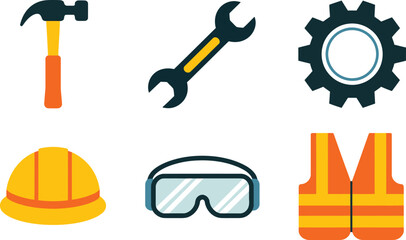 Six Minimal Labor Day Icons Set Yellow Orange Blue Gear Hammer Wrench Goggles Hardhat Safety Vest vector