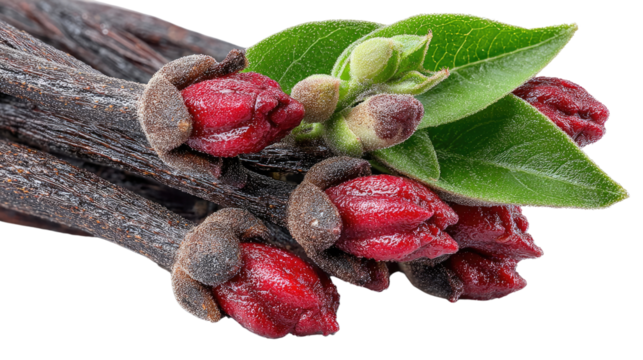 Vanilla Beans and Buds: Fragrant vanilla beans mingle with vibrant red buds and fresh green leaves, offering a delightful aromatic symphony that whispers of exotic lands and culinary bliss.