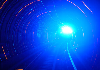 Abstract blur image of blue light emitted from a laser tunnel at The Bund Sightseeing Tunnel, Shanghai.    