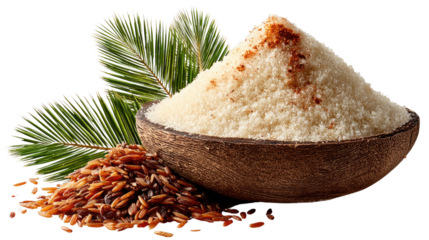 Coconut Bowl and Rice: An inviting display of finely grated coconut and a scattering of whole grain rice, nestled within a rustic coconut bowl, evokes a sense of natural purity and culinary delight.
