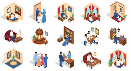 Obraz premium Vector Icons Set of Isometric Muslim Family Scenes Prayer Reading Greeting Studying Relaxing and Interior Design. Vector Illustrations. EPS Editable