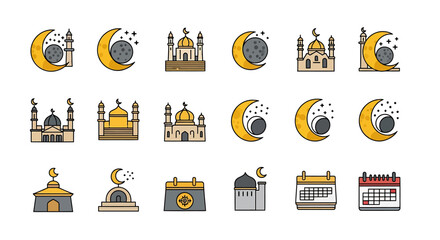 Vector Icons Set of Ramadan Icons Set Crescent Moons Mosques and Calendars Vector Illustration. Vector Illustrations. EPS Editable