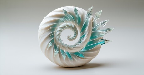 Obraz premium Swirling glass sculpture. White base spirals outward with turquoise crystalline spikes. Elegant form, smooth texture, artistic creation.