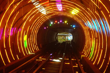 Abstract motion blur circular red yellow fire of sightseeing laser tunnel.   
