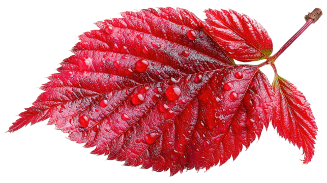 Crimson Leaf in Detail: A vibrant crimson leaf, glistening with droplets, showcasing the intricate beauty of natural detail. It is a close-up photo.