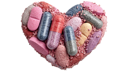 Medication Heart: A symbolic heart composed of pills and powders, representing health and care in a visually captivating arrangement.