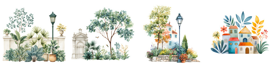 Fototapeta premium Watercolor Mediterranean Townscape Set. Architecture and Nature Elements.
