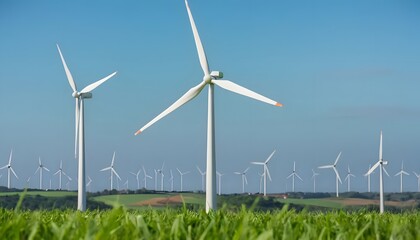 Wind Turbines in a Green Field. This modern image focuses on sustainable energy, perfect for topics related to green technology and the future of renewable resources